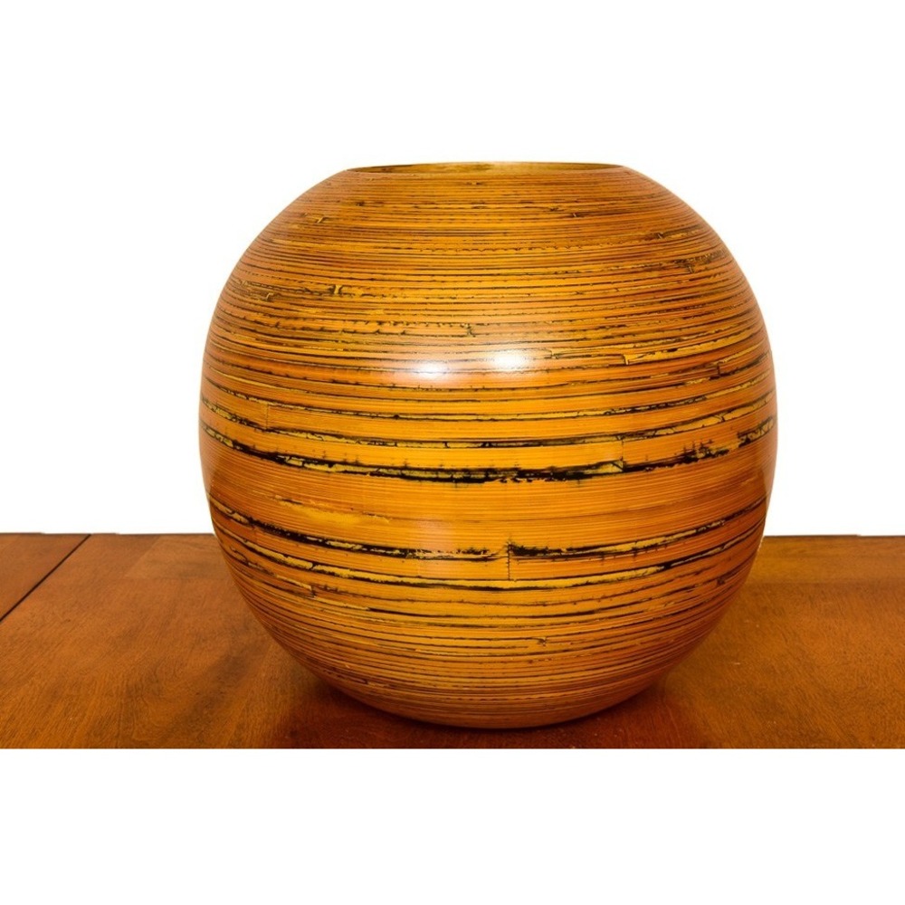 Vintage Bamboo Wood Vase Set, Handcrafted Decorative Orb Vase, MCM - Picture 3 of 8